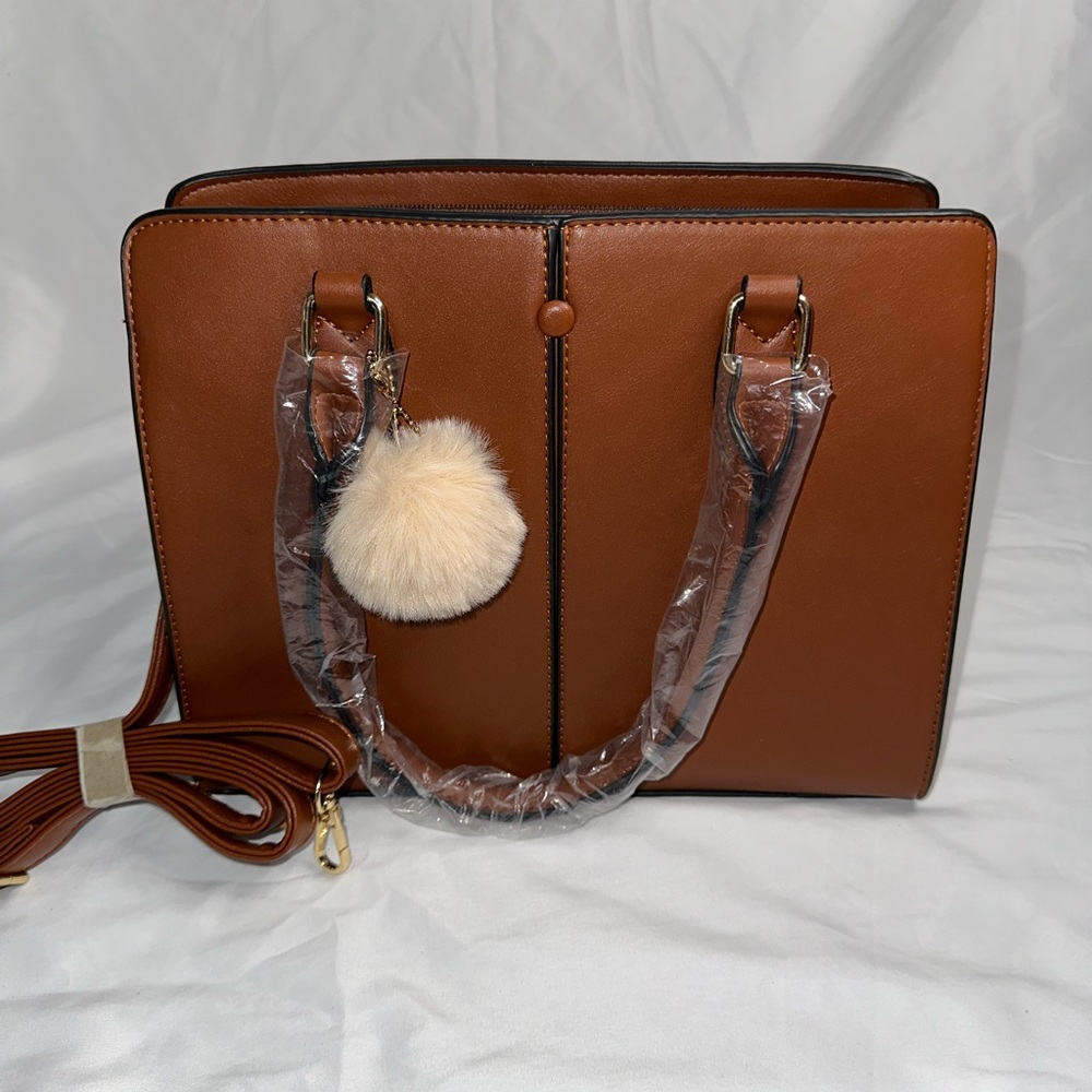 Brown and Cream Satchel with Textured Leather and Pom Pom